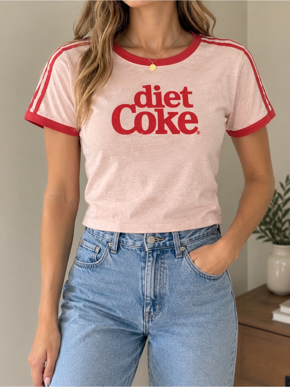 Diet Coke Pink Ringer Graphic Baby Tee Y2K Style Size Small